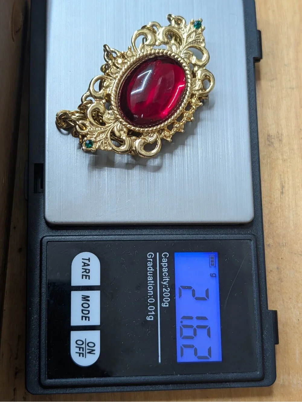 Vintage 1980s Regal Brooch Ruby Red Blue Glass Cabochon Draped Chain Pin